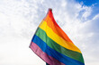 © Cavan Images - Unknown person posing with LGBT flag covering his body with sky behind