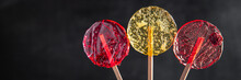 Lollipop Transparent Sweet Caramel Sugar On Stick Dessert Handmade Fresh Portion Ready To Eat Meal Snack On The Table Copy Space Food Background Rustic Top View