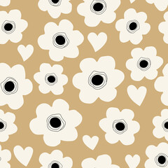 Wall Mural - Seamless background with childish floral pattern. White flowers and hearts on a gray background. Floral baby  flat style for printing on fabric, wallpaper, paper, curtains, tablecloths. 