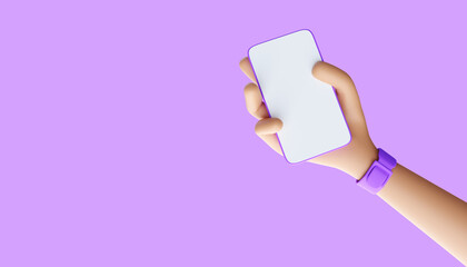 Cartoon hands holding smartphone 3d illustration.