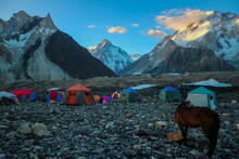 Camping Tents At Concordia Camp, Broadpeak Mountain, K2 Base Camp, Pakistan
