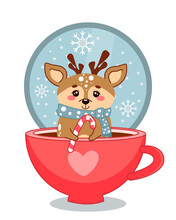 Vector Illustration On The Theme Of Winter Holidays. A Cute Deer Is Sitting In A Large Cup And Holding A Caramel Cane. Happy New Year And Merry Christmas