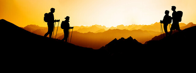 Wall Mural - Yellow sunset landscape hiking background banner panorama illustration  - Breathtaking view with black silhouette of mountains, hills, forest and four hikers