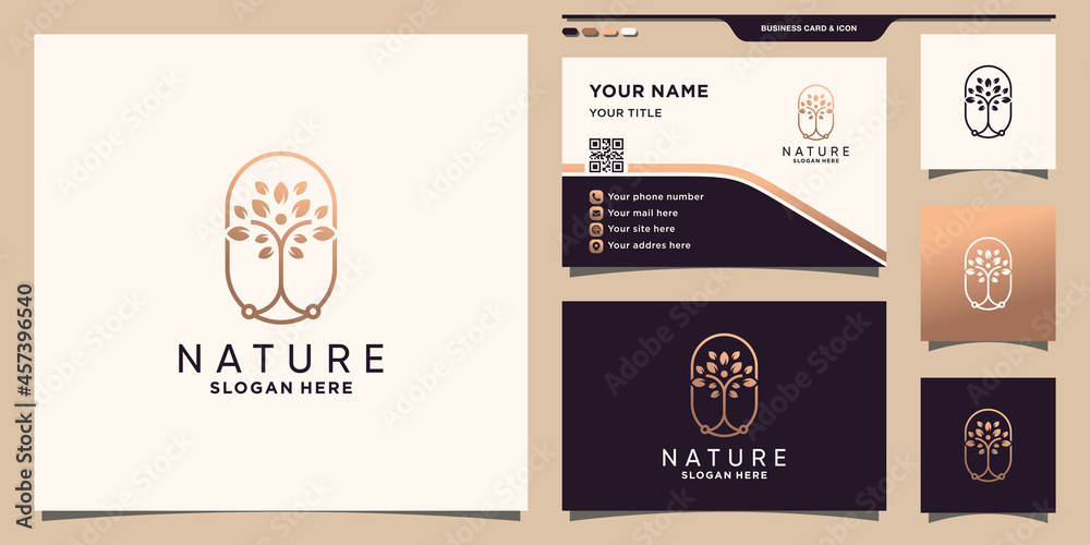 Nature tree logo with line art style and business card design Premium ...