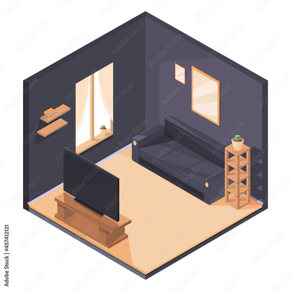 cartoon isometric living room interior with furniture, vector ...