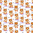Seamless pattern with a tiger in different poses, which goes in for sports on a yoga mat. Vector art animal in cartoon style. Children s print for textiles, postcards, children s sports school