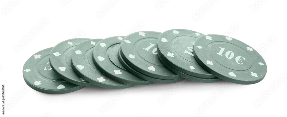 Poker chips on white background