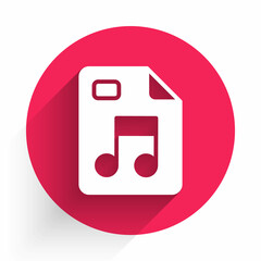 Poster - White MP3 file document. Download mp3 button icon isolated with long shadow. Mp3 music format sign. MP3 file symbol. Red circle button. Vector