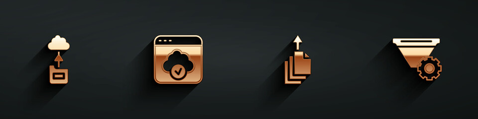 Poster - Set Cloud technology data transfer, , Data export and Filter setting icon with long shadow. Vector