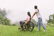 Disabled handicapped woman in wheelchair and care helper walking on mountain meadow park in sunny day. International Disability Day concept.
