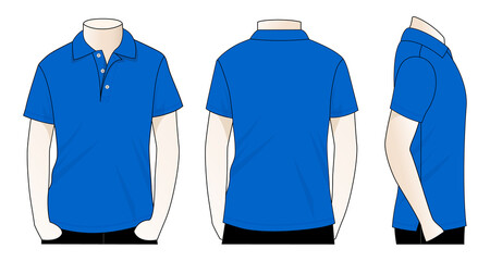 Blank blue short sleeve polo shirt template on white background. Front, back, and side views., vector file