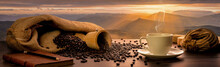 Concept Banner,Many Coffee Beans Are Laid On Wooden Barrels And All Around, And There Are Coffee Cups With Notebooks And Pencils On Wooden Tables, With A Backdrop Of High Mountain Views In The Morning