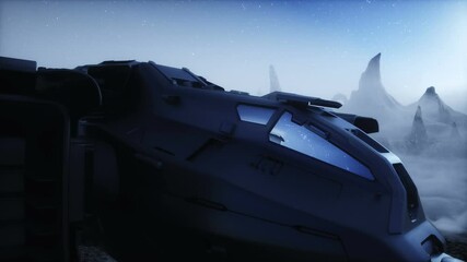 Wall Mural - futuristic ship landing on alien planet. mars surface. realistic 4k animation.