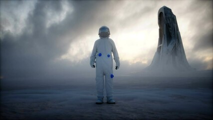 Wall Mural - Lonely astronaut in futuristic apocalyptic city. Realistic 4k animation.