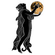 Ancient Greek dancer holding full moon. Creative concept.