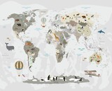 World map in light colors with balloons and animals