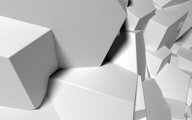 Poster - Abstract background with white 3D shapes flying in the light as a messy array or chaotic structure for any pastel backdrop. 3D illustration