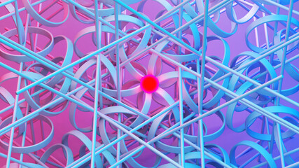 Poster - Scientific or technology abstractions with canes, sticks or rods flying in surreal symmetric structure around the red light orb. Abstract background with purple and blue neon tech structure. 3D