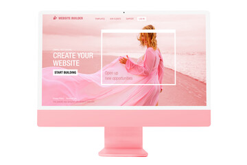 Wall Mural - Sample website on modern pink colored desktop computer