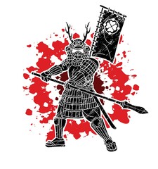 Wall Mural - Samurai Warrior or Ronin Japanese Fighter Action with Armor and Weapon Cartoon Graphic Vector