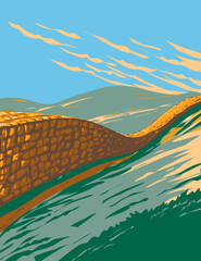 Canvas Print - Art Deco or WPA poster of Hadrian's Wall near Brampton in Northumberland National Park, England, UK done in works project administration style.