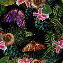 Embroidery Tiger Lilies And Butterflies. Fashion Seamless Pattern. Tropical Flowers Orchids. Jungle Template For Clothes, Textiles, T-shirt Design