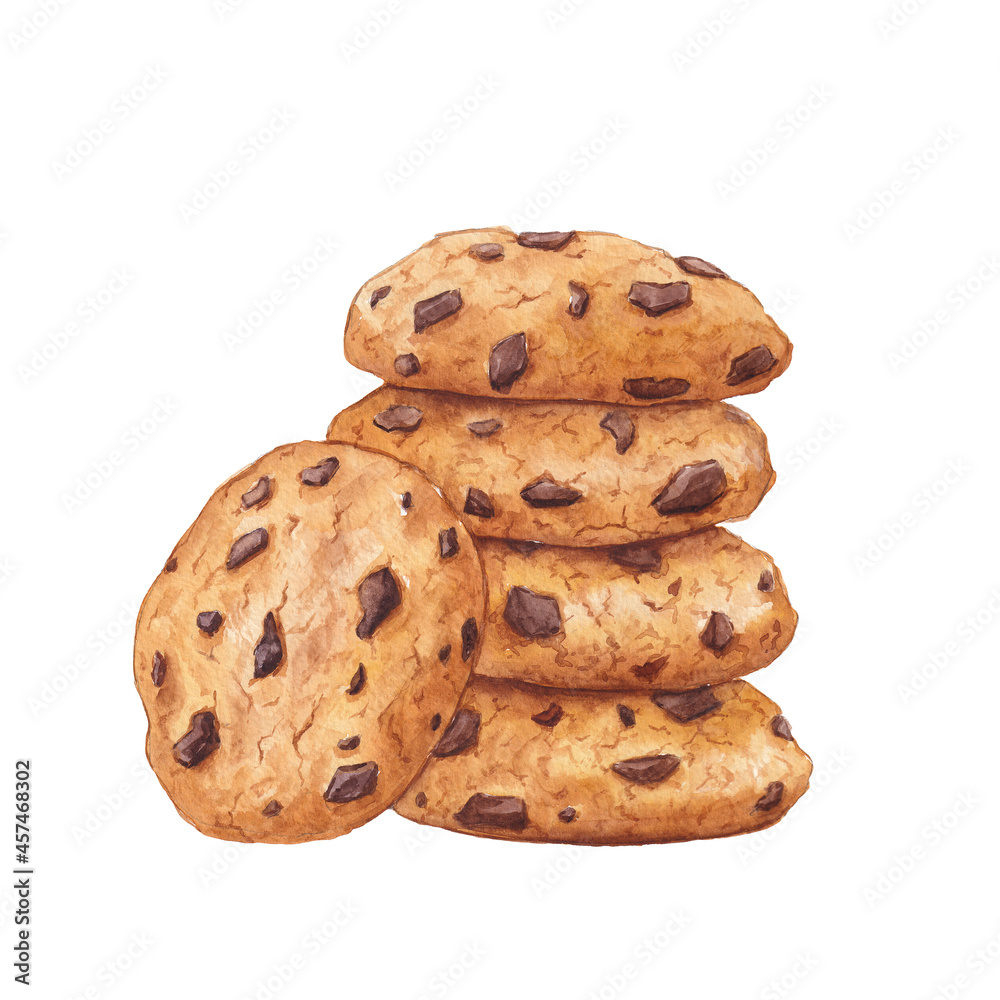 Watercolor chocolate chip cookie. Hand drawn food illustration on a ...