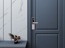 Digital Door Handle With Blue Door Panel. Digital Door Lock Systems For Good Safety Of Home Apartment Door. 