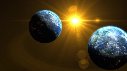 Wall Mural - two the earth rotate in universe with sunrise ray and shadow. world realistic atmosphere 3d volumetr