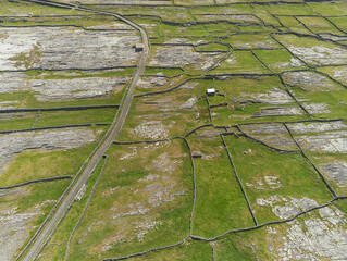 Aerial view on stone fences green fields of Aran islands