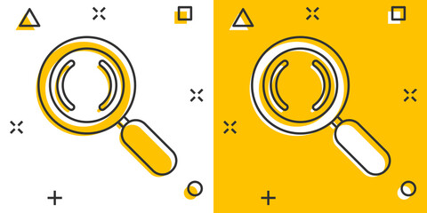 Fototapete - Loupe sign icon in comic style. Magnifier cartoon vector illustration on white isolated background. Search splash effect business concept.