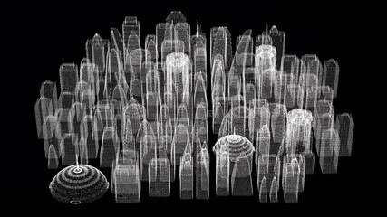 Aufkleber - Futuristic 3d rendering of rotating holographic city digitally generated image virtual reality matrix particles simulation in cyber space background environment for head up display screen
