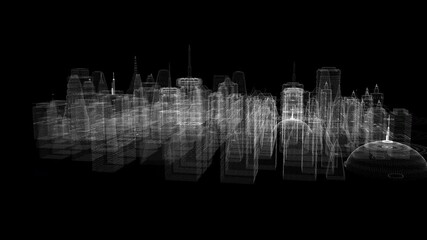 Aufkleber - Futuristic 3d rendering of rotating holographic city digitally generated image virtual reality matrix particles simulation in cyber space background environment for head up display screen