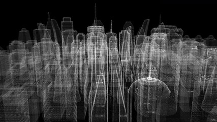 Aufkleber - Futuristic 3d rendering of rotating holographic city digitally generated image virtual reality matrix particles simulation in cyber space background environment for head up display screen