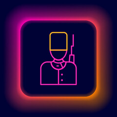 Poster - Glowing neon line British guardsman with bearskin hat marching icon isolated on black background. Colorful outline concept. Vector