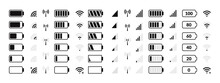 Battery Icon. Cellular Network, Internet Traffic And Data Transfer, Smartphone Status Bar Icons, Battery Charge Level And GSM Signal Strength. Vector Set