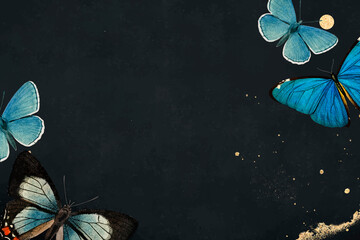 Wall Mural - blue butterflies patterned on black background vector