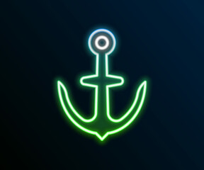 Sticker - Glowing neon line Anchor icon isolated on black background. Colorful outline concept. Vector