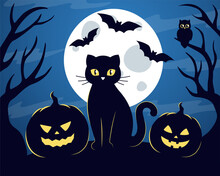 Spooky Halloween Night. Black Cat, Full Moon, Bats, Pumpkins, Owl. Vector Illustration.