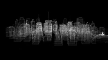 Aufkleber - Futuristic 3d rendering of rotating holographic city digitally generated image virtual reality matrix particles simulation in cyber space background environment for head up display screen