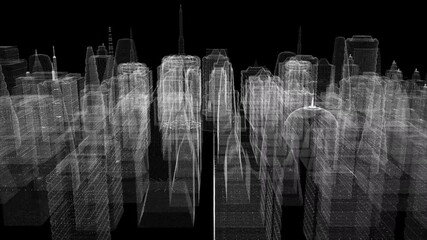 Aufkleber - Futuristic 3d rendering of rotating holographic city digitally generated image virtual reality matrix particles simulation in cyber space background environment for head up display screen