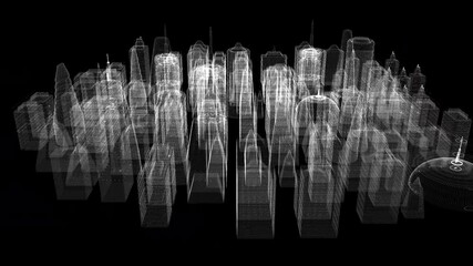 Aufkleber - Futuristic 3d rendering of rotating holographic city digitally generated image virtual reality matrix particles simulation in cyber space background environment for head up display screen
