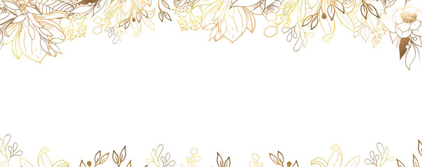 Wall Mural - Luxurious golden wallpaper. Floral frame. White background and beautiful golden leaves on top of the illustration. Magnolia flowers with a shiny light texture. Vector illustration.