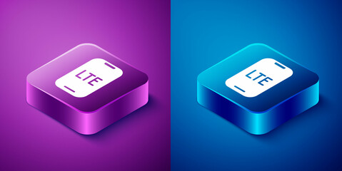 Poster - Isometric LTE network icon isolated on blue and purple background. Square button. Vector