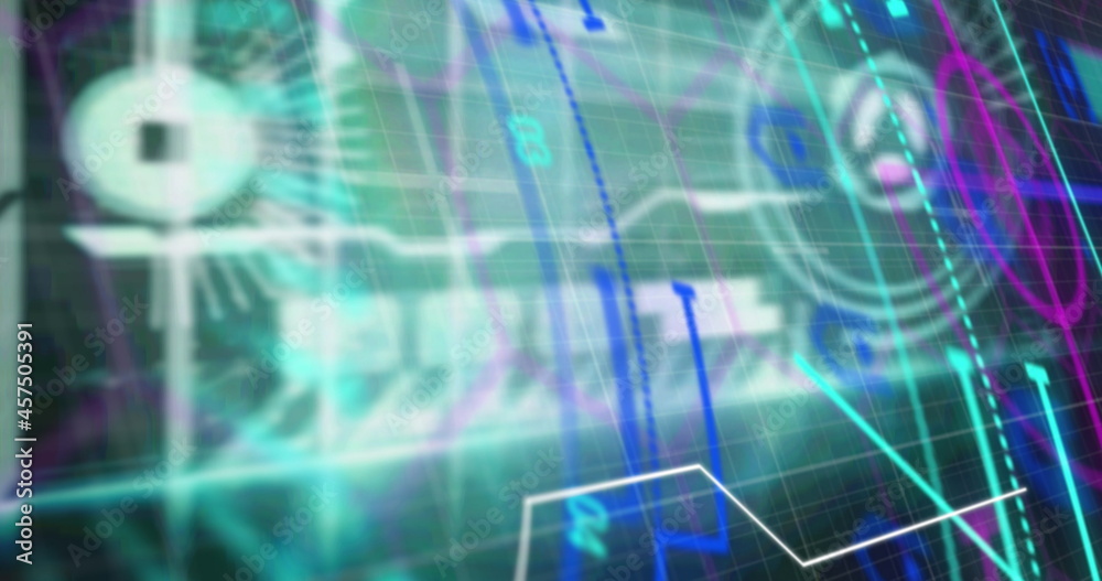 Neon round scanner spinning against digital interface with data processing against green background