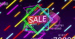 © vectorfusionart - Image of sale text on glowing neon squares with changing numbers and neon lines