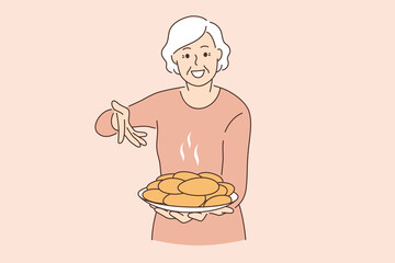 Treatment from grandmother and food concept. Smiling happy elderly woman Grandmother holding plate full of freshly baked pies cakes vector illustration 