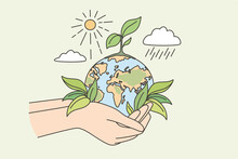 Ecology, Sustainable Nature, Planet Conversation Concept. Hands Human Holding Earth Planet With Growth Plant Sun And Rain Around Taking Care Vector Illustration 
