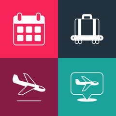 Sticker - Set pop art Plane, landing, Conveyor belt with suitcase and Calendar airplane icon. Vector