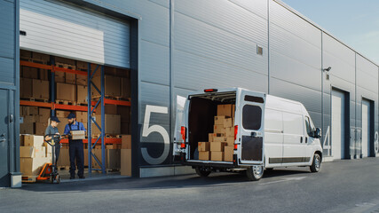 Wall Mural - Outside of Logistics Warehouse with Open Door, Delivery Van Loaded with Cardboard Boxes. Truck Delivering Online Orders, Purchases, E-Commerce Goods, Wholesale Merchandise.